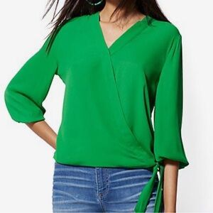 Soho New York & Company Jeans Green Wrap Blouse Balloon Sleeve Tie Waist Top
